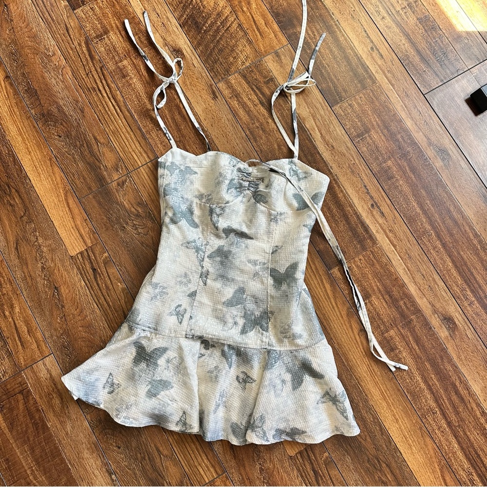 Fragile Heart Butterfly Print Sequin Mini Dress Ruffle Hem